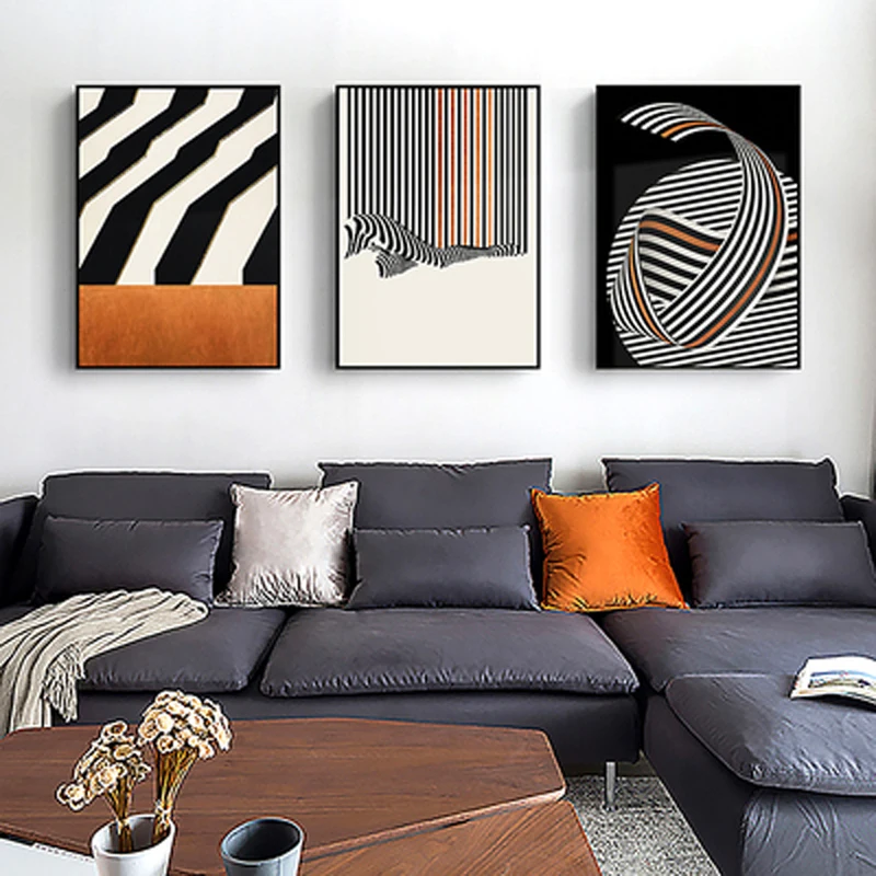 

Stripes modern minimalist orange abstract line decorative painting black and white gray minimalist style painting studio mural
