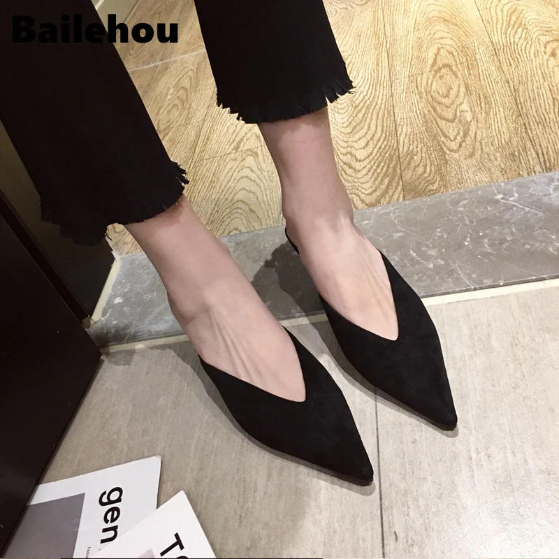 Bailehou 2019 New Summer Flock Leather Pointed Toe Women Slippers Low Heel Slip On Mules Outsides Ladies Slides Slippers Pumps