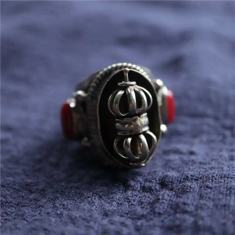 Tibetan Metal Ring for Man Spin Dorje Amulet Copper Inlay Red Lampwork Beads Open Rings Big Size R185