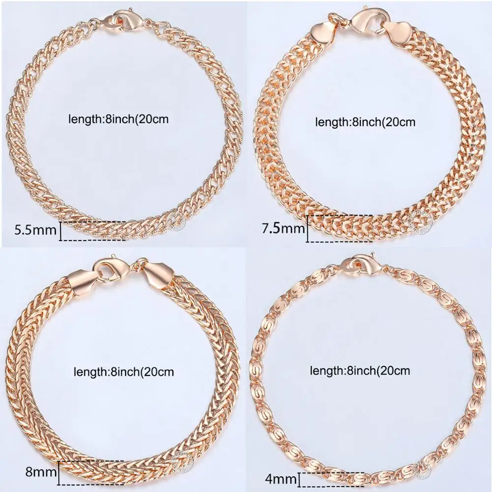 8Pcs/Lot Womens Mens Bracelets 585 Rose Gold Color Braided Foxtail Bismark Cuban Snake Link Chain Bracelets Wholesale LCBB1A