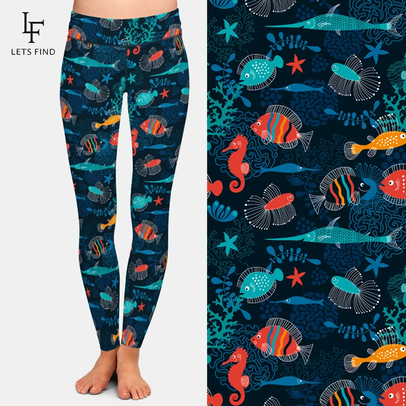 Letsfind alta elastic cintura alta casual leggings femininas 3d cartoon fish print preto menina quente leggings