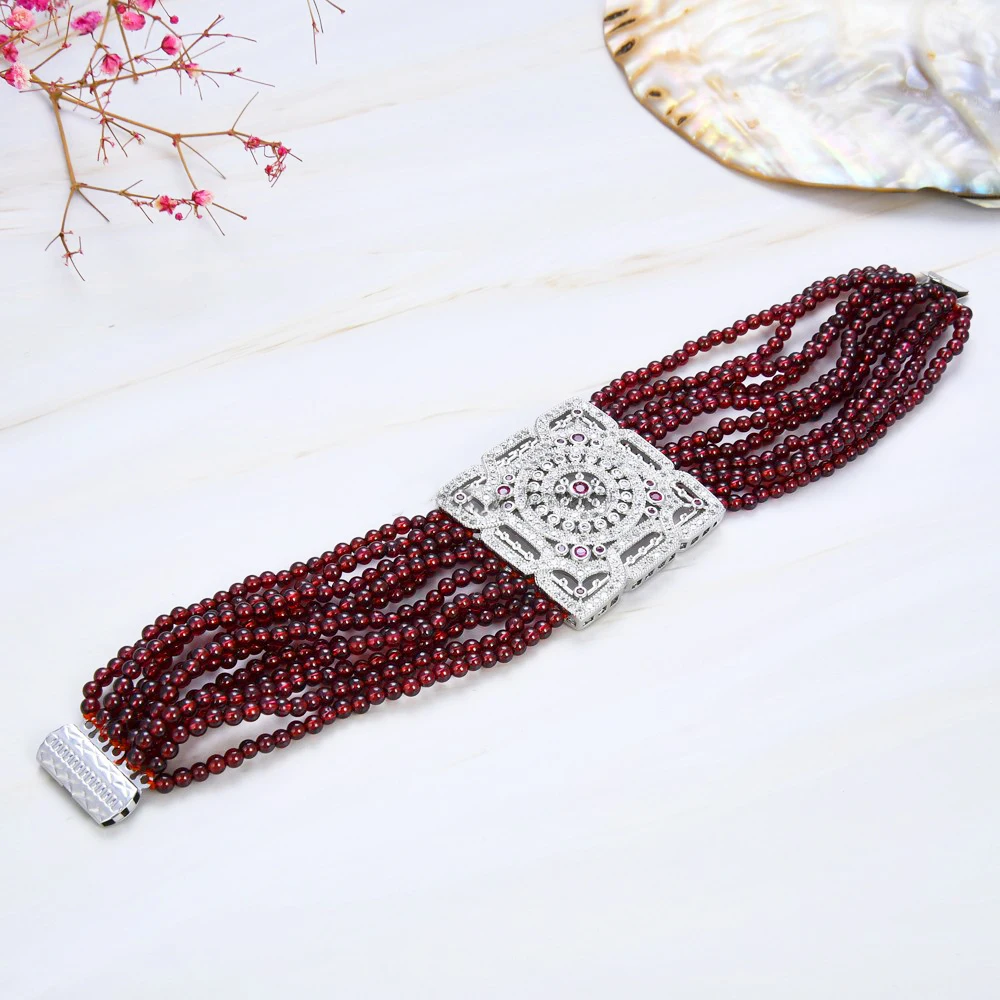 Natural Stone 8\'\' 11 Strands Natural Round Garnet Bracelet CZ Connector