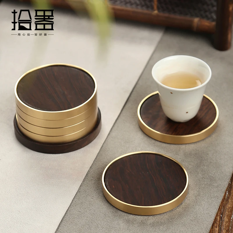 Ebony solid wood coaster brass anti scalding and heat insulation household tea cup holder tea ceremony kungfu tea set accessorie