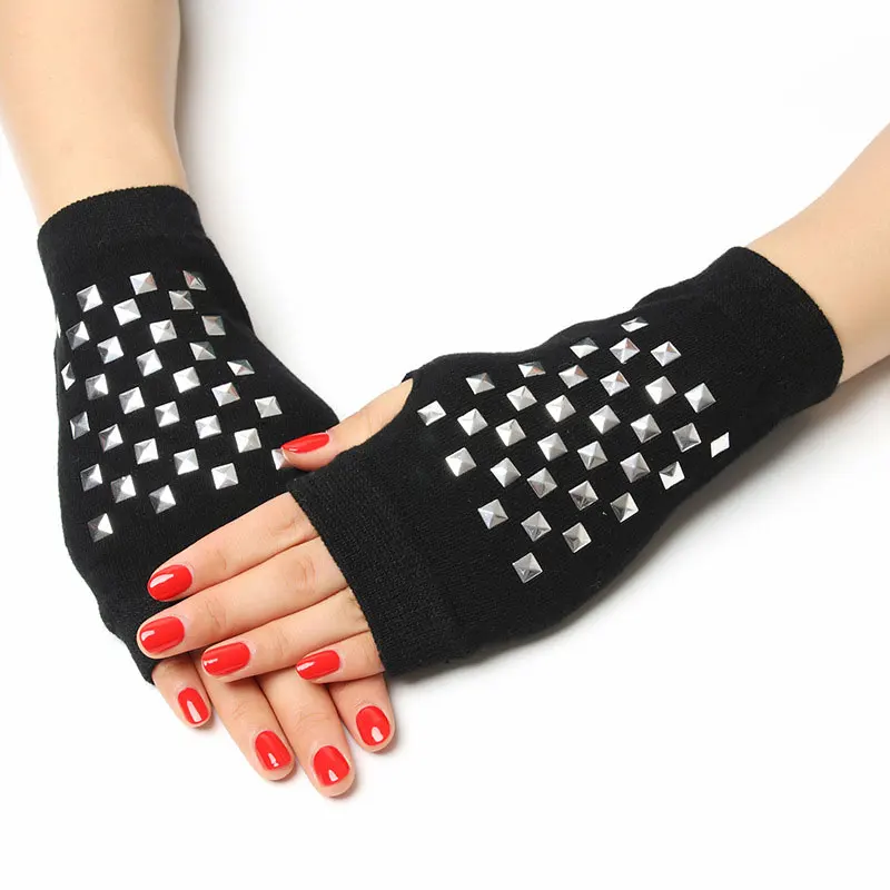 Guantes de punto sin dedos con patrón de animales de dibujos animados encantadores para mujer, lentejuelas de diamantes, guantes de personalidad creativos de invierno