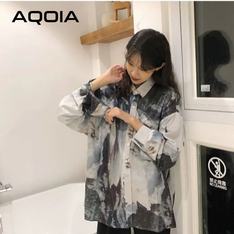 Women\'s Korean Style Chic Abstract Ink Printing Long Sleeve Blouse Shirt Turn Down Collar Loose Ladies Shirt Y2K Spring 2024