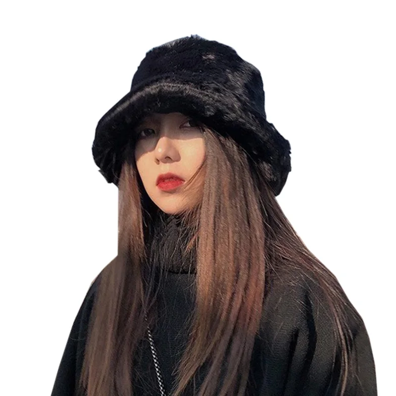 2021 New Korean Fisherman Hat Winter Faux Fur White Black Bucket Hat For Women Men Panama Fishing Cap Bob Chapeau