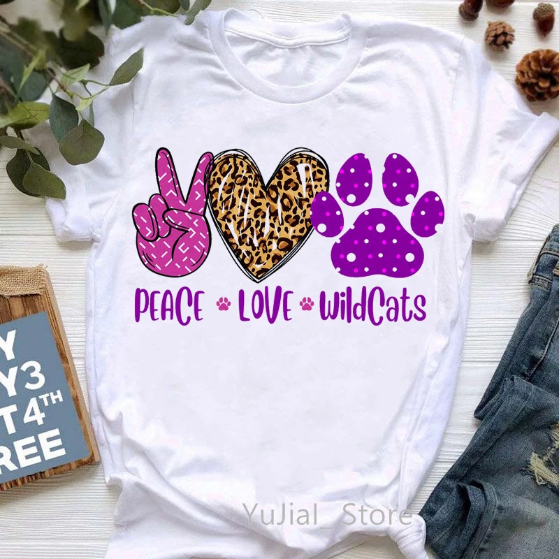 

Peace Love Wildcats/Sharks Graphic Print T-Shirt Women Funny Leopard Love Tshirt Femme Harajuku Kawaii Clothes Summer Fashion