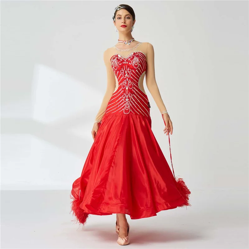 B-1917 New national standard red modern dance competition table costume waltz ballroom dance dress with pearl silk skirt