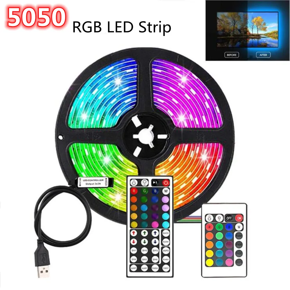 5M LED Strip RGB USB 5050 SMD Light Strips With Remote Control Desktop Holiday Wall Room TV BackLight 5V Tape Ribbon Lamp