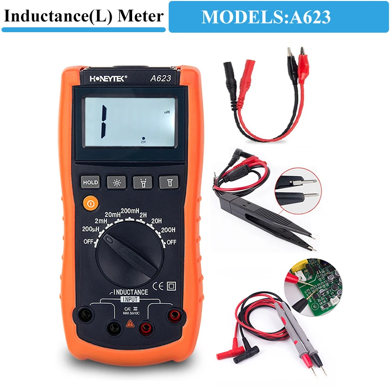 HONEYTEK A623 Professional Handheld Inductance Meter 200μH-200H Multimeter Crocodile Clip Measuring Tool Backlight LCD Digital