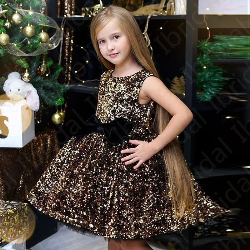 Latest Gold Sequined Flower Girls Dresses Short Ball Gown Kids Party Gowns Knee Length Jewel Neck  Formal Wear Sleeveless