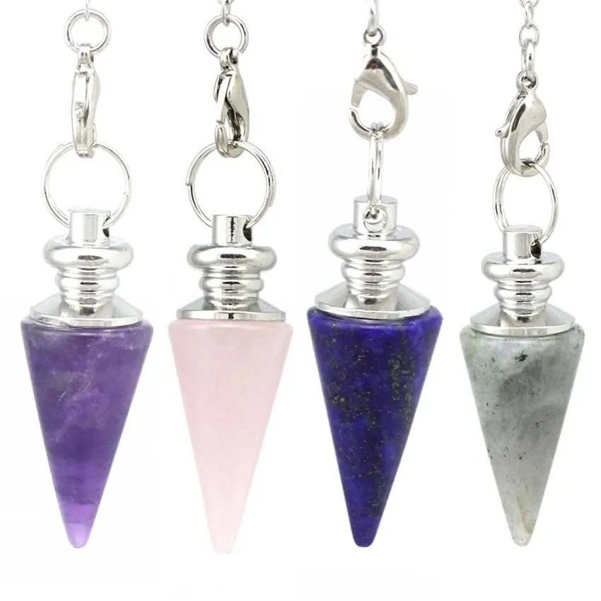 Conical Pendulum Pendant Natural Stone Taper Pendulums Silver Color Chain Crystal Pendants for Dowsing Pendule Spiritual Jewelry