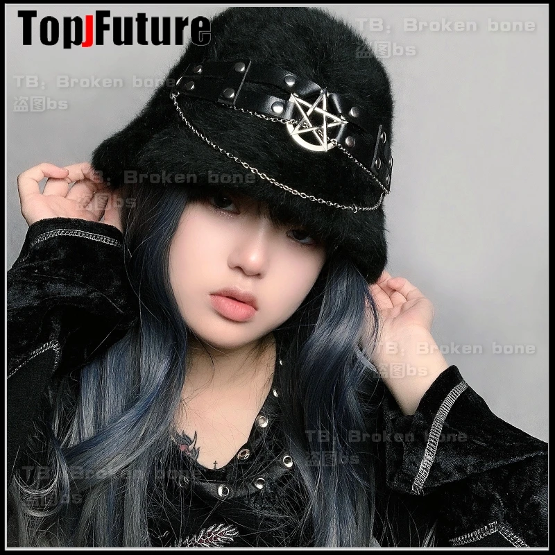 Harajuku Gothic Punk Pentagram โลหะโซ่ Plush สีดำ Fisherman หมวกผู้หญิงฤดูหนาว Warm หมวก Hip Hop Chic Streetwear