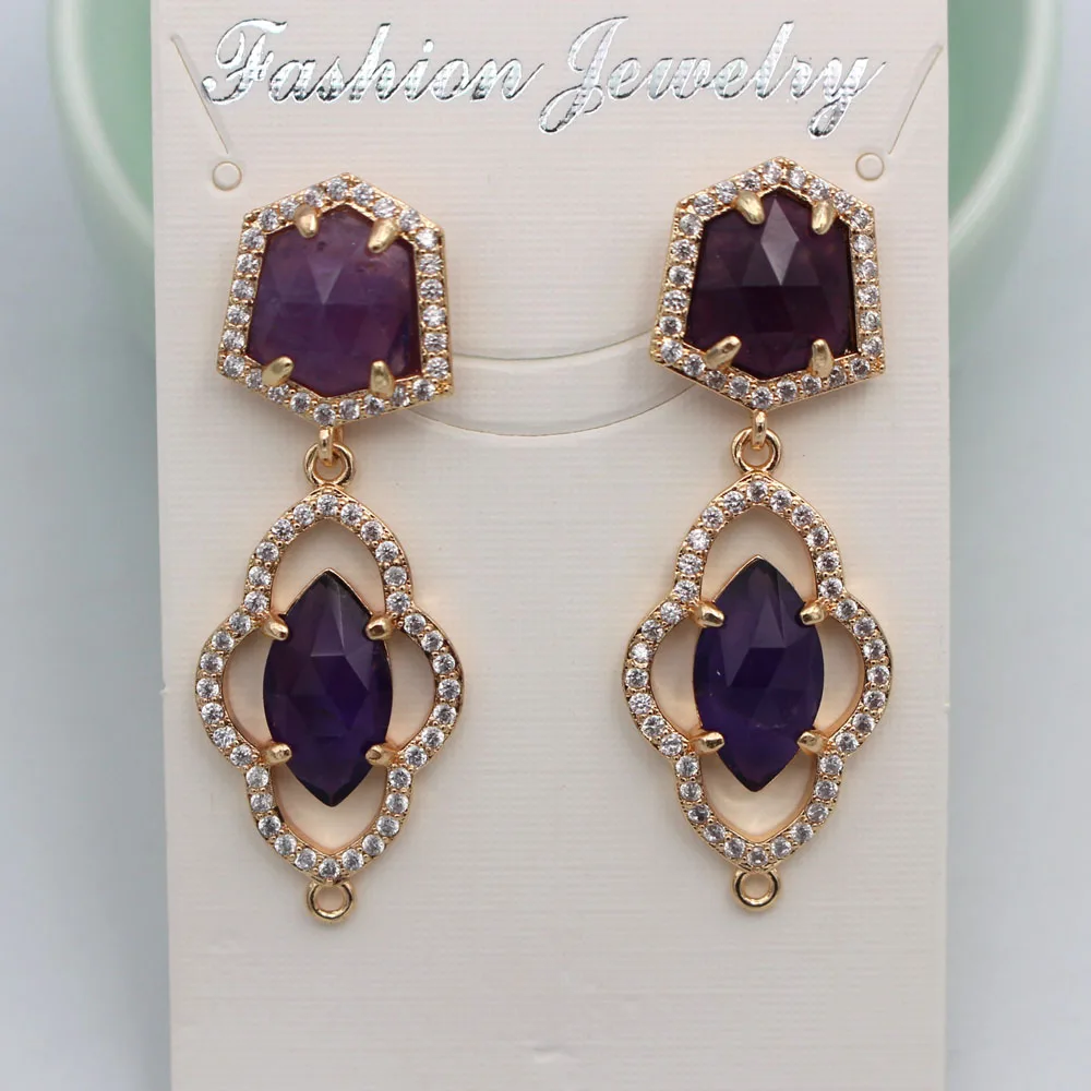 6pair Stud Earring Connectors CZ Paved Gold Plated Natural Amethyst Lapis Stone DIY for Women Hanging Dangle Earrings Making