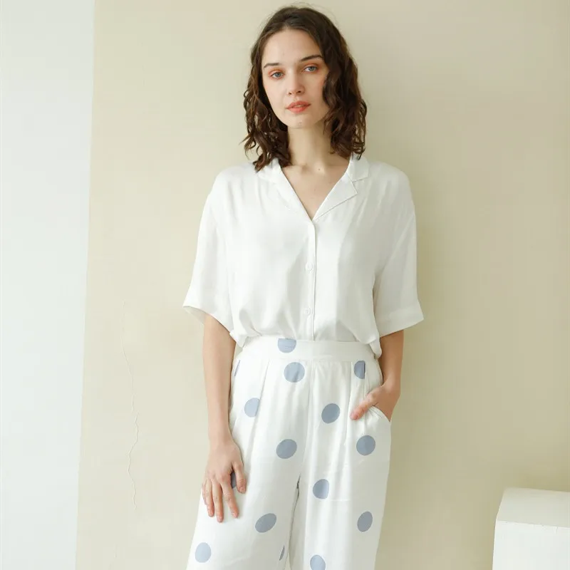 Summer Casual 100% Viscose Women\'s White Short Sleeve Pajama Sets Blue Dot Ankle-Length Pants Loose Comfortable Sleepwear Suits