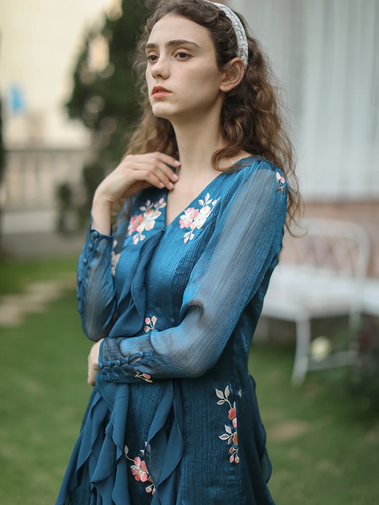 LYNETTE'S CHINOISERIE Spring Summer New Women French Style Cottagecore Mori Girls Flower Embroidery Ruffled Chiffon Blue Dresses