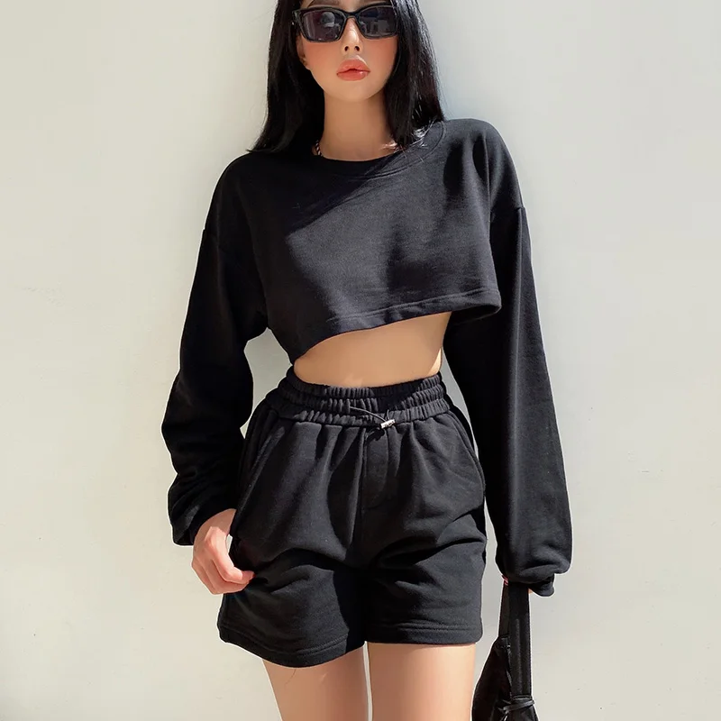 Womens Casual Tracksuits 2 Piece Set Spring Crop Sweatshirt + Sporting Shorts Sweat Set Ladies Two Piece Outfit Solid Color Suit