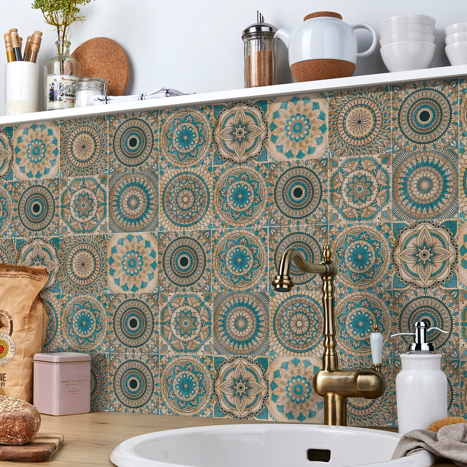 24pcs Tile Stickers Kitchen Backsplash Pvc Self Adhesive Waterproof Bathroom Mandala Wall Retro Decoration Wallpaper Art Mural