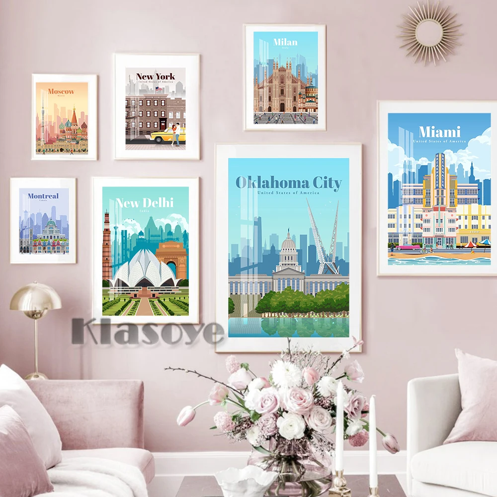 World City Travel Map Poster New Delhi Milan Oklahoma City Canvas Painting New York Montreal Print Art Wall Picture Home Decor