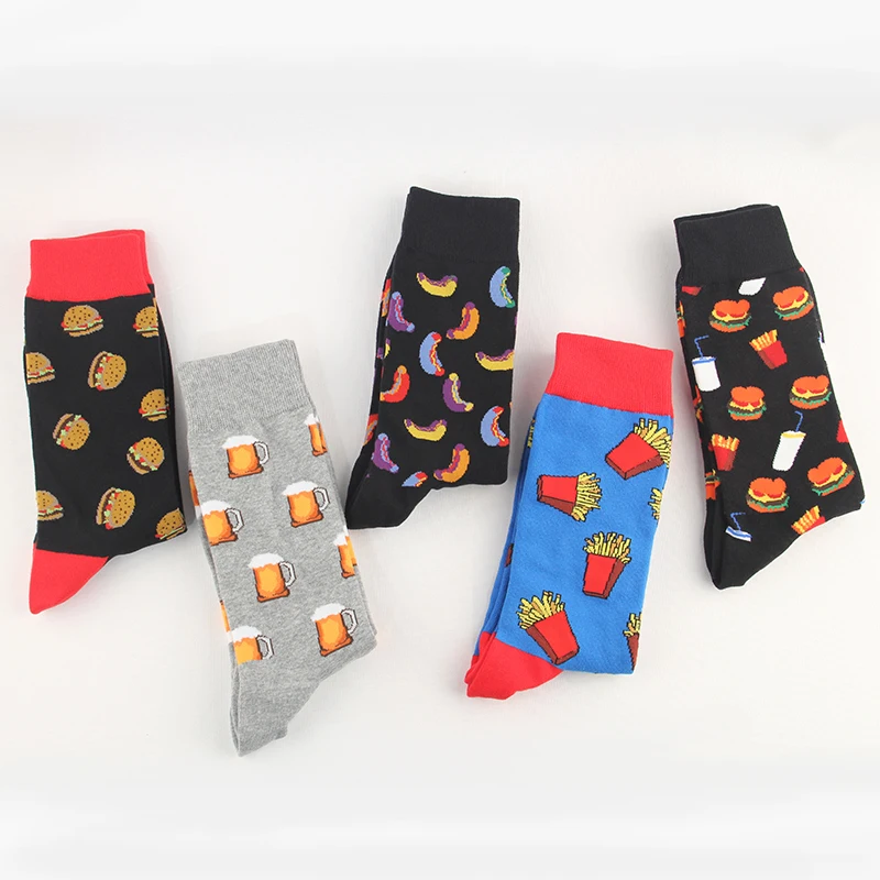 Harajuku Mens Happy Socks Unisex Funny Cartoon Burger Fries Beer Hot Dog Food Socks Men Combed Cotton Skateboard Socks Boxed