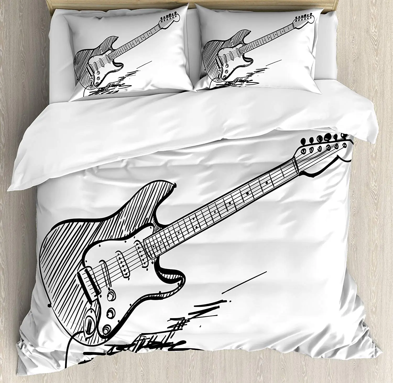 Guitar Duvet Cover Set Hand Drawn Style Electric Guitar on White Backdrop Rock Music Accords Sketch Art Decorative 3 Piece Bed