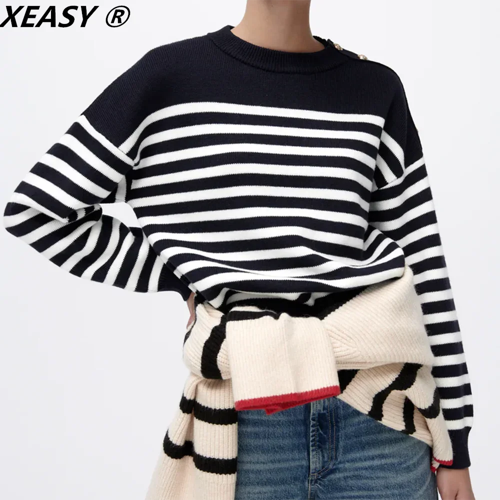 XEASY Women Sweater Pullover Fall Clothes For Za Woman 2021 Striped Sweater Vintage Button Long Sleeve Top Casual Women Jumper