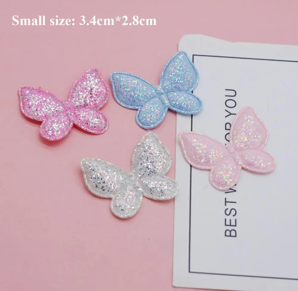 Mały rozmiar 40 sztuk/partia 3.4*2.8cm brokat motyl wyściełane aplikacje dla Craft ubrania akcesoria do szycia DIY akcesoria do włosów