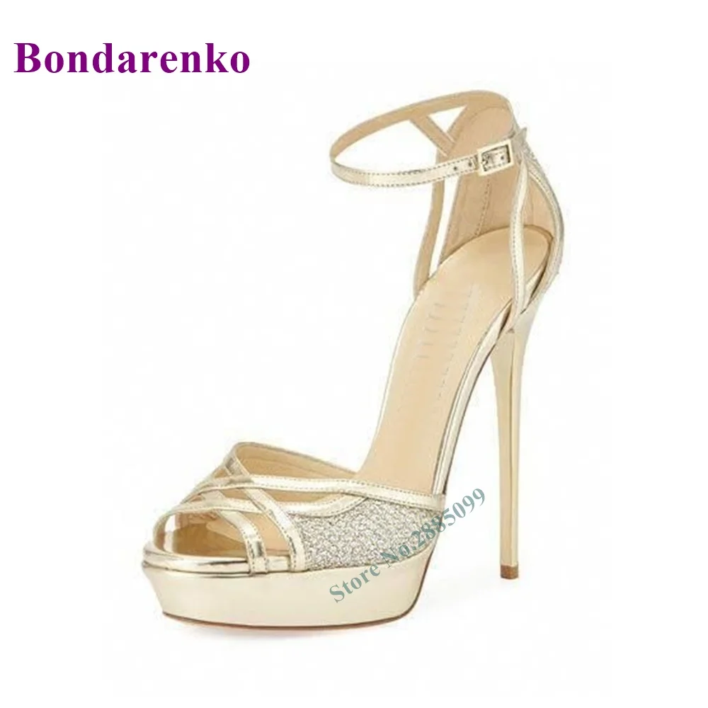 Crystal Peep Toe Ankle Sandals Buckle Straps Thin High Heel Solid Shallow Platform Sexy Women Summer Party Dress Sandals Shoes