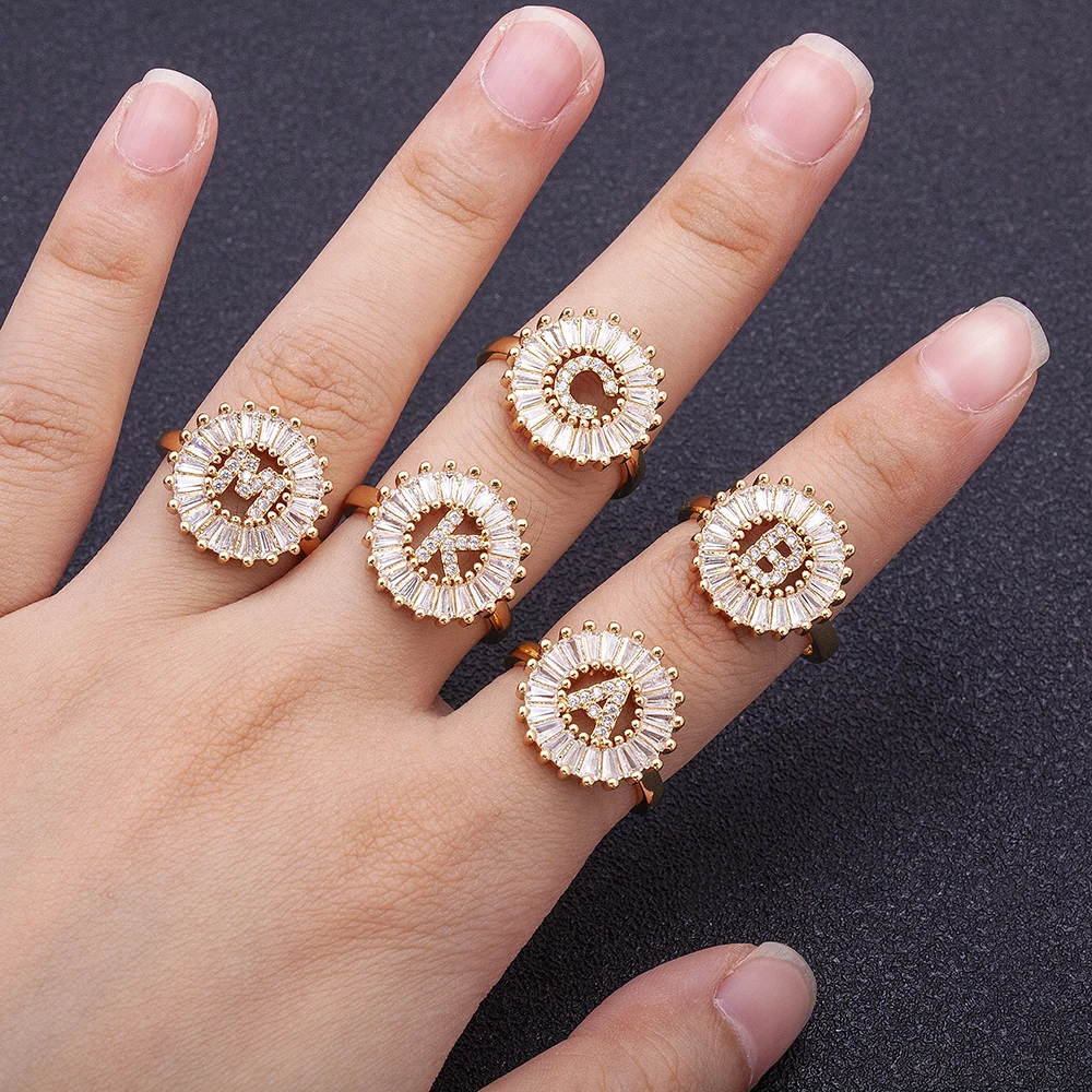 Hot Sale Fashion Luxury Initial 26 Alphabet Adjustable Gold Color Zircon A-Z Letter Ring Statement Name Jewelry Gift For Women