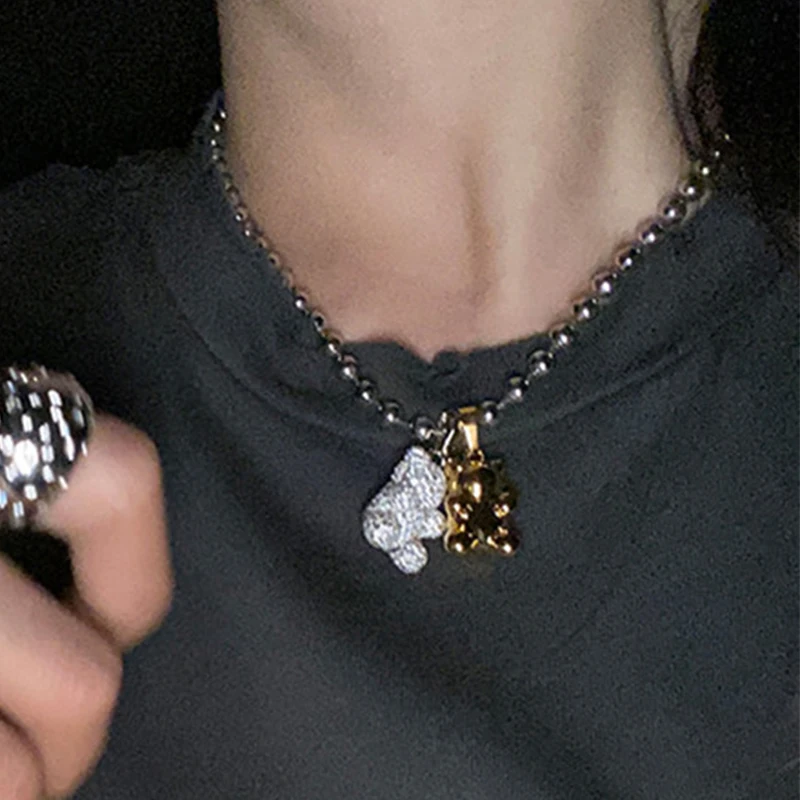 Silver Color Cute Cartoon Gummy Bear Mushroom Pendant Necklace for Women Stainless Steel Ball Link Chain Y2K Girls Gifts Jewelry