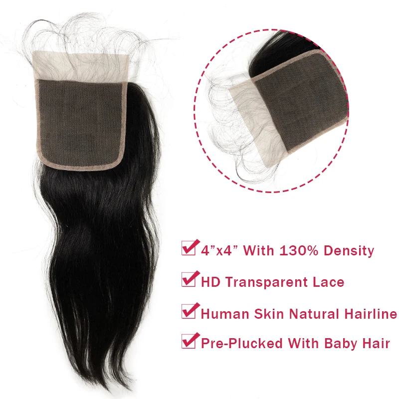 Ali Queen Hair 4x4 HD Transparent Lace Closure With Human Hair Bundles Brazilian Straight Raw Virgin Hair Bundles With Closure