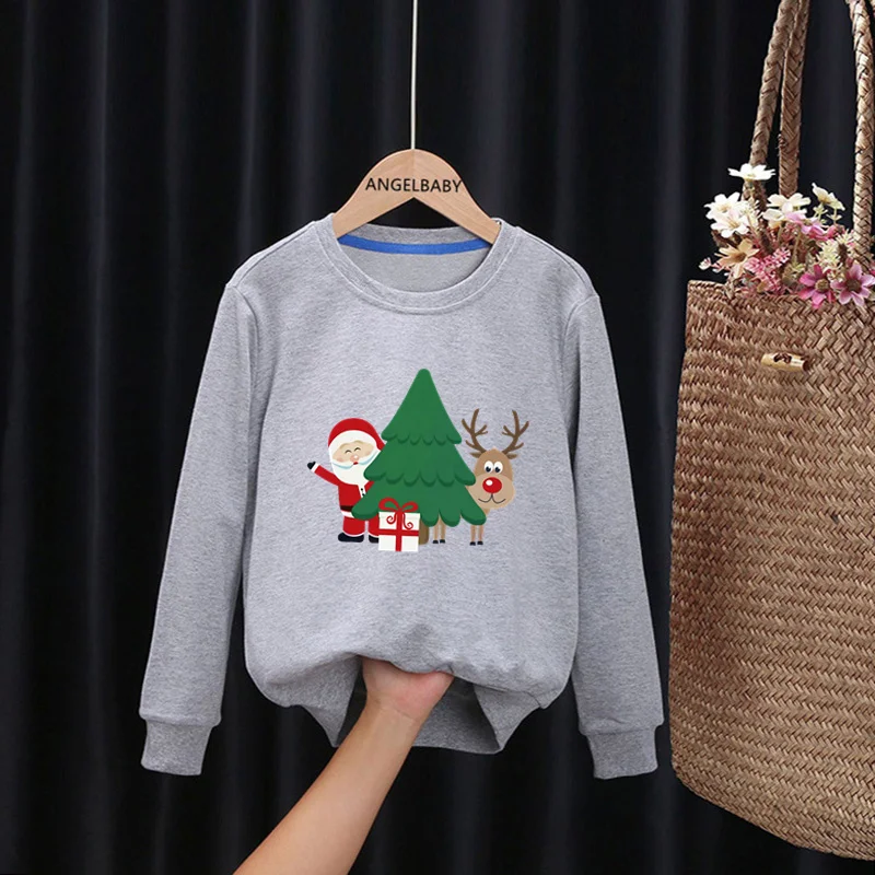 Merry Christmas Deer and Santa Print Kids Sweatshirts Funny Kawaii Children Hoodies Autumn Baby Pullover Tops Girls Boys Clothes