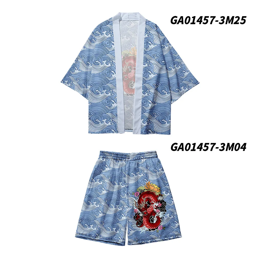 Harajuku Carp Print Cardigan Haori Cosplay Kimono Shorts Sets Japanese Traditional Clothes Shirt Women Men Two-piece Suit Yukata