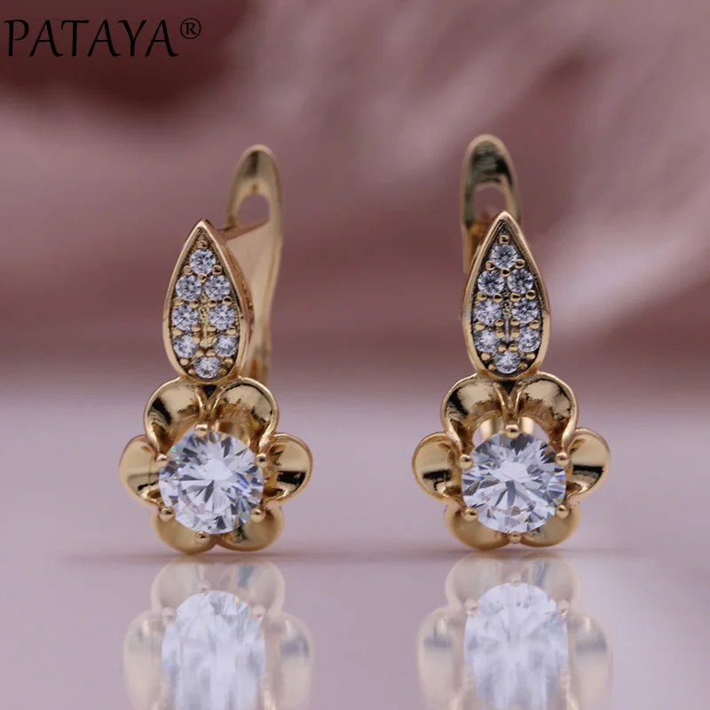 PATAYA New Girl Cute Small Drop Earrings 585 Rose Gold Color Fashion Jewelry Fine Flower Women Natural Zircon Hollow Earrings