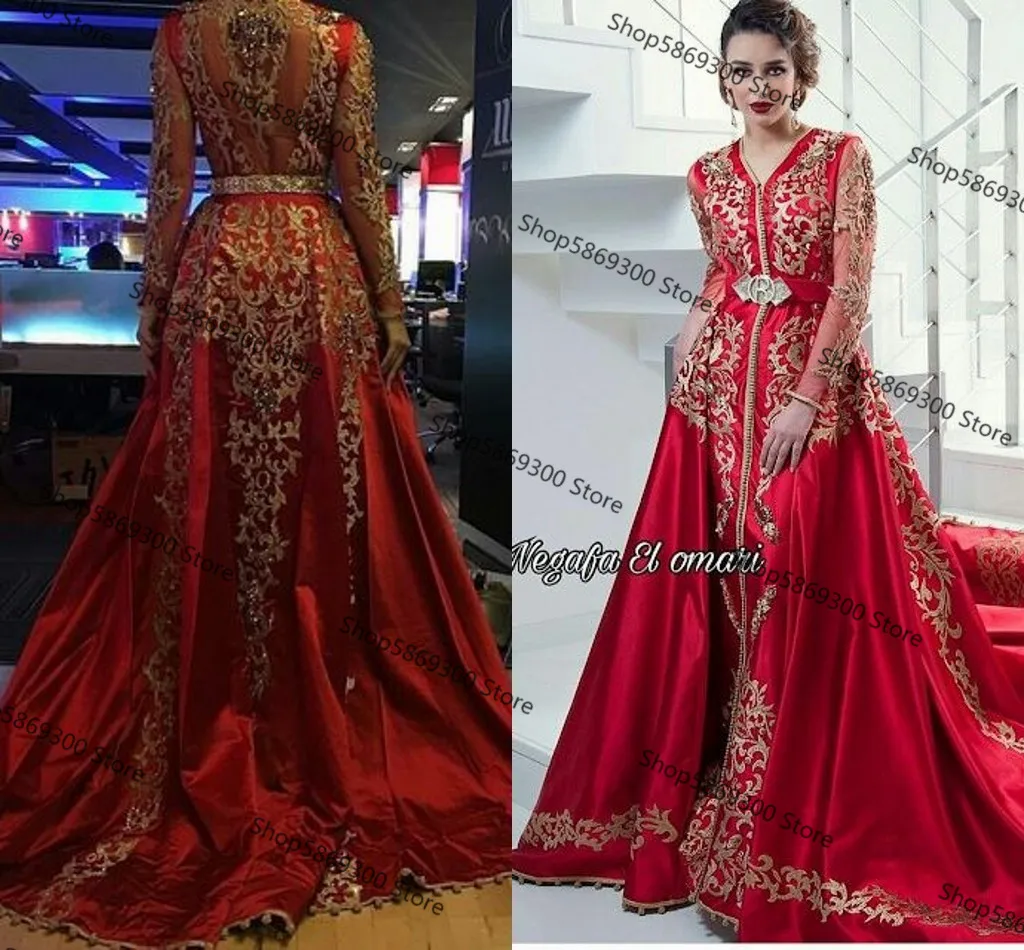 Applique Caftan vermelho com trem destacável, manga comprida, vestes Kaftan frisadas, vestido de casamento árabe e turco, vestidos de luxo, 2024