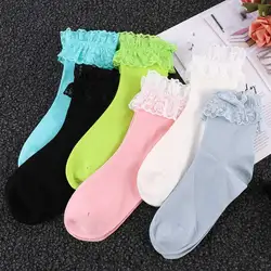 Fashion Women Vintage  Lace Ruffle Frilly Ankle Socks Ladies Princess Girl Soild Color Cotton Socks 6 Color Available Harajuku