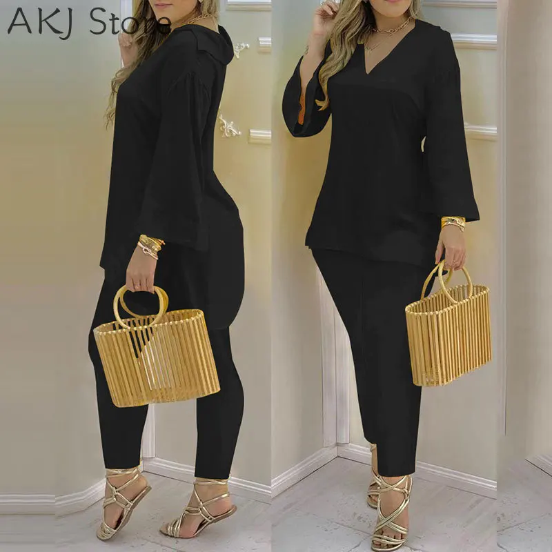 Summer Casaul Women Home Wear Solid Suit Sets Long Sleeve Plain Bell Sleeve V-Neck Top & Pants Set