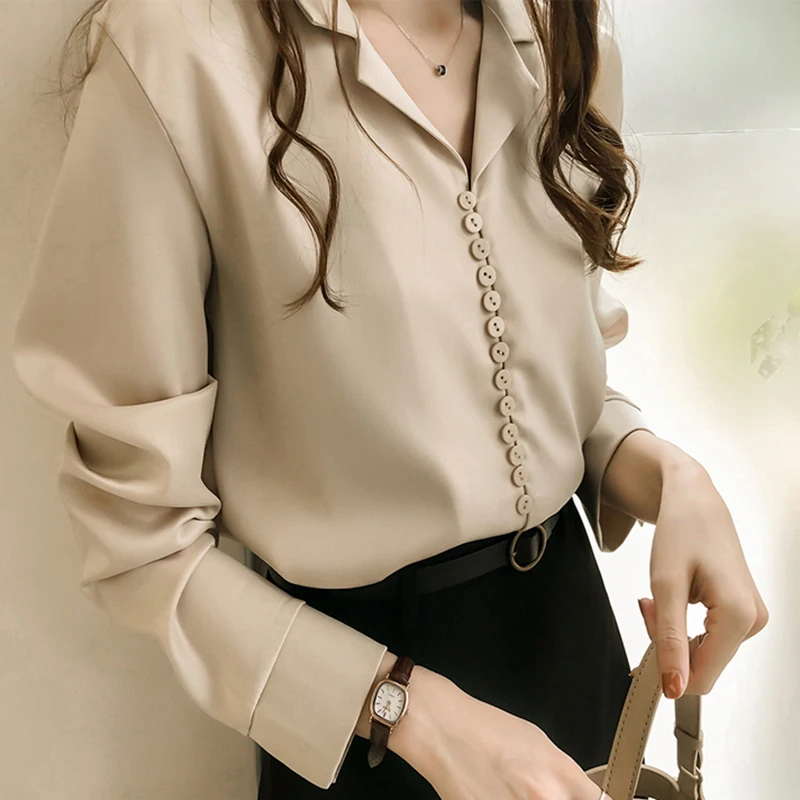 Women Solid Long Sleeve Chiffon Tops Female Casual Turn-down Collar Blouses Office Lady Korean Button Shirts Blusas Mujer