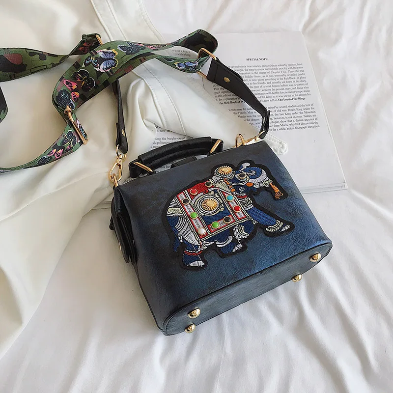 Hot Vintage Embroidered Elephant Bag Women\'s PU Leather Wide Handle One Shoulder Crossbody Women\'s Handbag Christmas Gift