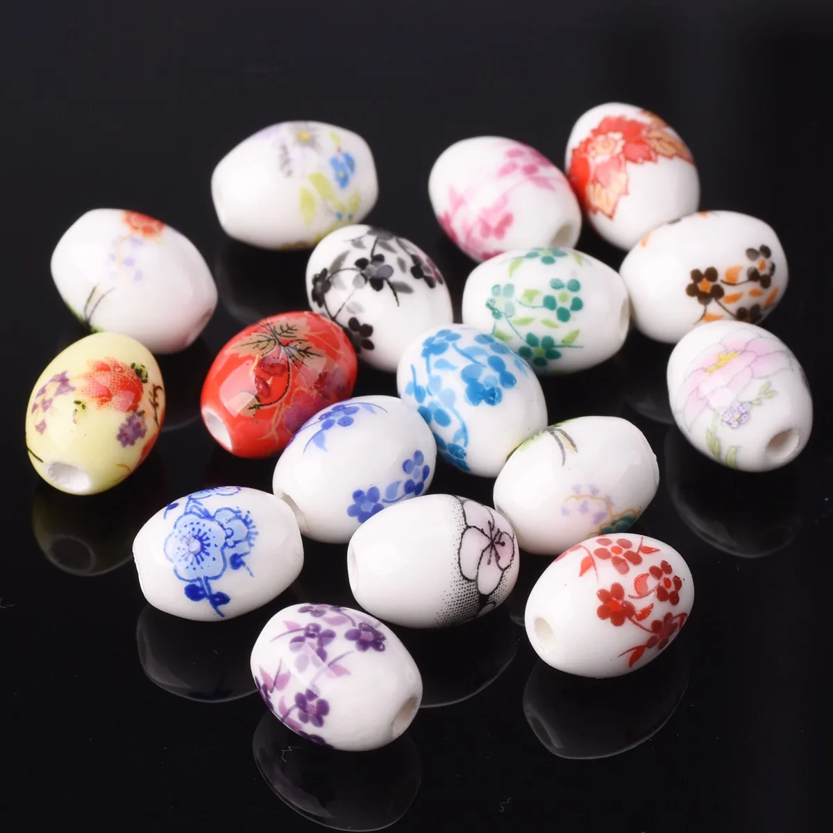 20pcs 8x10mm Oval Floral Pattern Loose Ceramic Porcelain Beads for Jewelry Making DIY Crafts