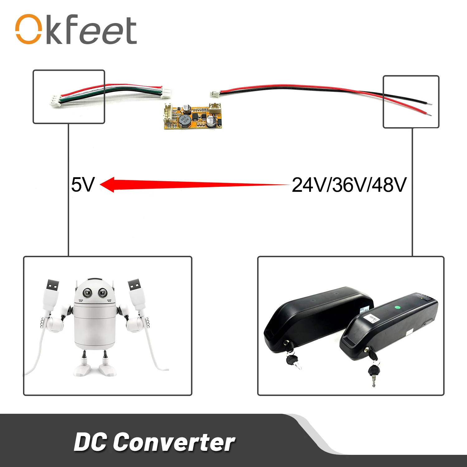 Okfeet DC Converter 36V 48V 52V to 5V Ebike USB Reduce Voltage Circuit Board for Battery Controller