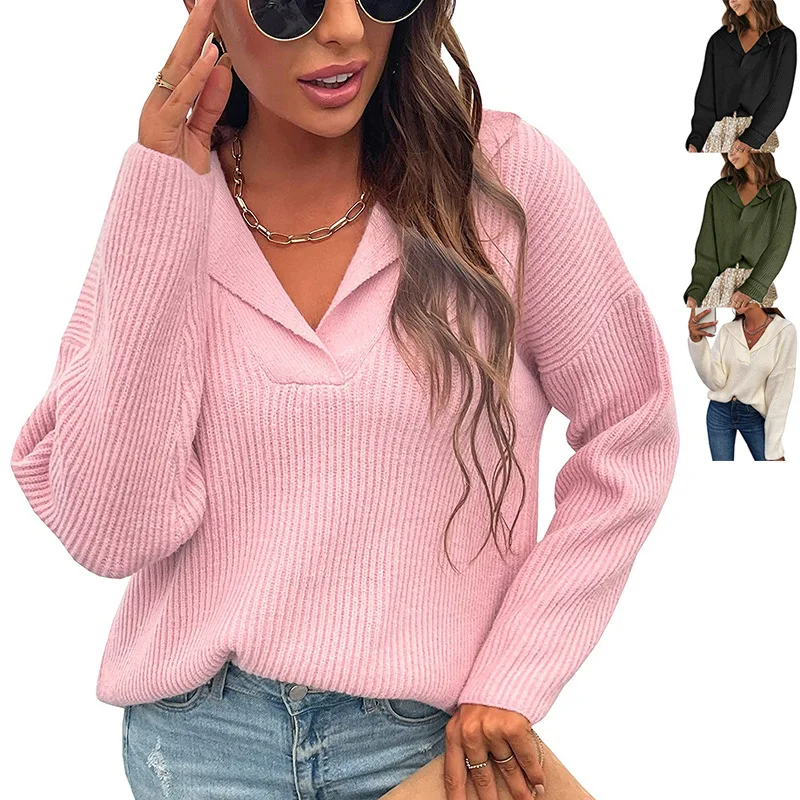 2022 Spring and Autumn Lapel Collar Sweater Casual Long Sleeve Elegant Pull Knitwear Knitting Fashion Female Tops Soft Pullovers