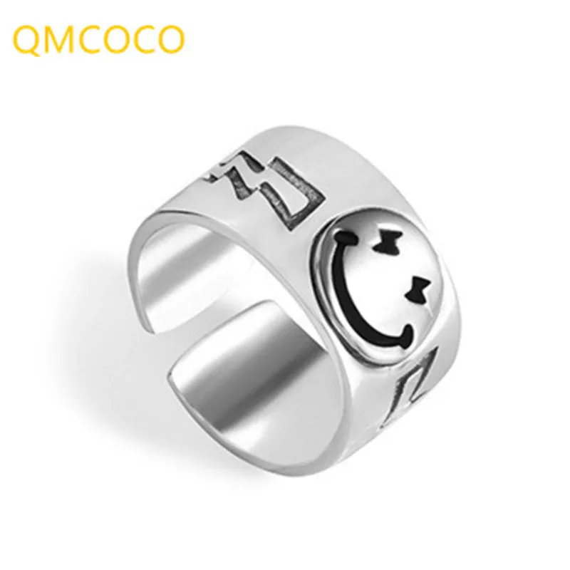 QMCOCO серебряный цвет хип-хоп личность вечерние широкие кольца винтажные простые улыбки лицо Панк ювелирные изделия для женщин модные подарки
