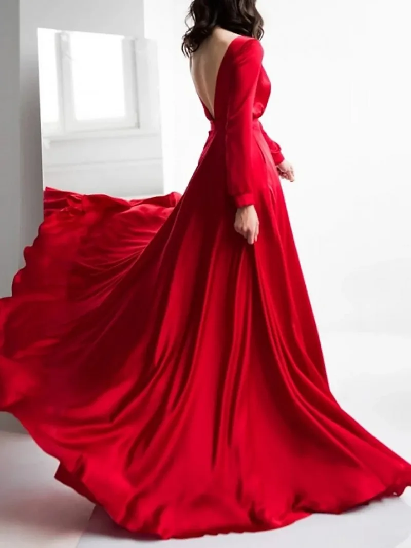 Evening Party Dress With Train Vestido Longo Red Long Open Back Sleeves 2024 Robe De Soiree Boat Neck Prom Formal Gown