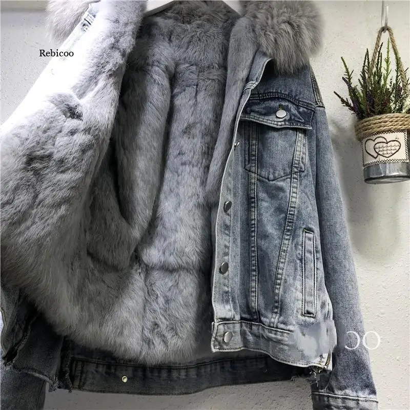 Women Denim Jacket Oversized Loose Fur Collar Plus Velvet Jean Parkas Women Winter Clothes Vintage Cotton Thick Warm Denim Coat