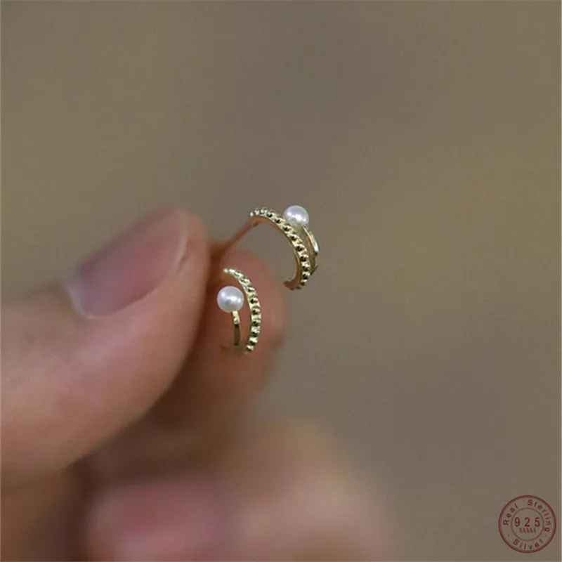 925 Sterling Silver Korea Simple Double Half Circle Small Pearl Stud Earrings Women 14k Gold Plating Jewelry Gift