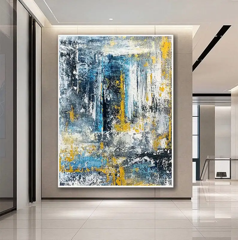 

Extra Large Wall Art Original Abstract Painting Blue Grey White Gold Painting Home Decor Palette Knife Cavas Art