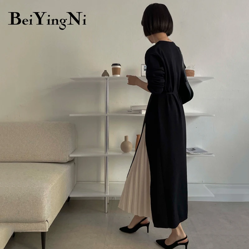 Beiyingni Stylish French Midi Dress for Women Patchwork Belted Casual Long Sleeve Knitted Women\'s Pleated Dress Sweater Dresses