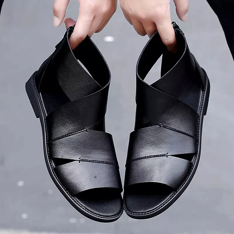 Summer Men\'s Sandals Genuine Leather Open Toe Roman Shoes Fashion Men\'s Business Casual Sandals Black Size 38-44