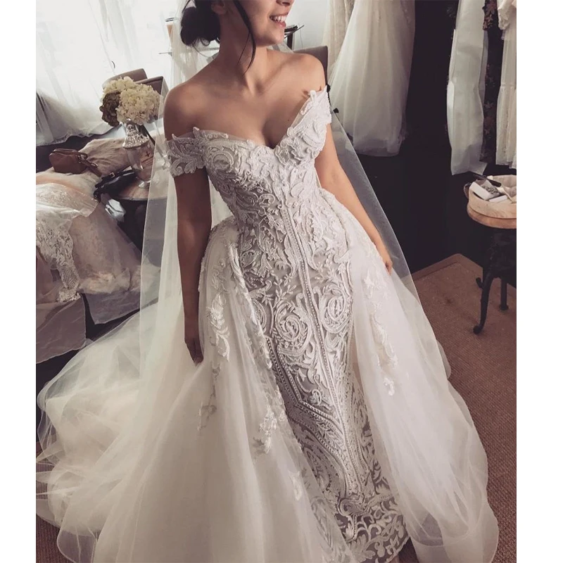 Vintage Lace Mermaid Women Wedding Dresses with Applique Tulle Detachable Train Off The Shoulder Bridal Wedding Gowns свадебное